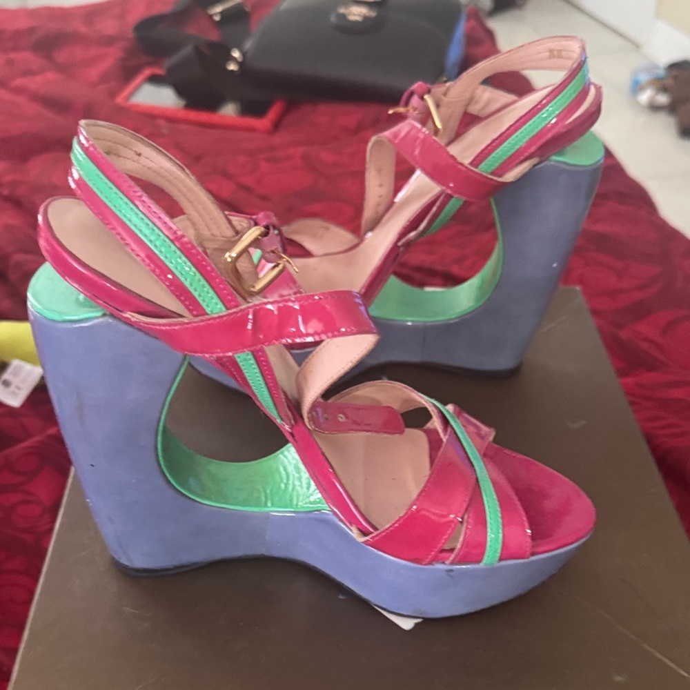 bebe Pink and Green Wedge Sandals